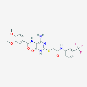 molecular formula C22H20F3N5O5S B2975542 N-(4-amino-6-oxo-2-((2-oxo-2-((3-(trifluoromethyl)phenyl)amino)ethyl)thio)-1,6-dihydropyrimidin-5-yl)-3,4-dimethoxybenzamide CAS No. 868228-00-6