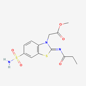 molecular formula C13H15N3O5S2 B2975606 methyl 2-[(2Z)-2-(propanoylimino)-6-sulfamoyl-2,3-dihydro-1,3-benzothiazol-3-yl]acetate CAS No. 887207-69-4