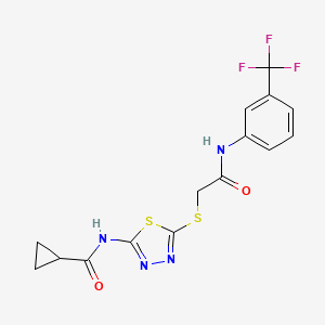 molecular formula C15H13F3N4O2S2 B2975830 N-{5-[({[3-(TRIFLUOROMETHYL)PHENYL]CARBAMOYL}METHYL)SULFANYL]-1,3,4-THIADIAZOL-2-YL}CYCLOPROPANECARBOXAMIDE CAS No. 604747-89-9