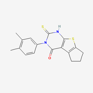 molecular formula C17H16N2OS2 B2975875 11-(3,4-Dimethylphenyl)-10-sulfanyl-7-thia-9,11-diazatricyclo[6.4.0.0,2,6]dodeca-1(8),2(6),9-trien-12-one CAS No. 590355-82-1