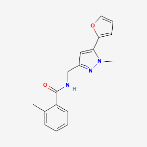 molecular formula C17H17N3O2 B2976061 N-((5-(furan-2-yl)-1-methyl-1H-pyrazol-3-yl)methyl)-2-methylbenzamide CAS No. 1421491-47-5
