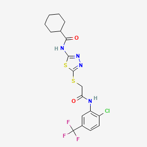 molecular formula C18H18ClF3N4O2S2 B2976089 N-(5-((2-((2-chloro-5-(trifluoromethyl)phenyl)amino)-2-oxoethyl)thio)-1,3,4-thiadiazol-2-yl)cyclohexanecarboxamide CAS No. 392298-97-4