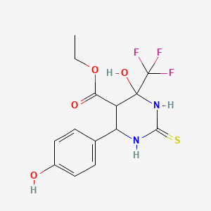 molecular formula C14H15F3N2O4S B2976160 Ethyl 4-hydroxy-6-(4-hydroxyphenyl)-2-thioxo-4-(trifluoromethyl)hexahydropyrimidine-5-carboxylate CAS No. 317330-62-4