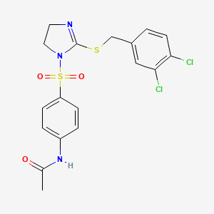 molecular formula C18H17Cl2N3O3S2 B2976198 N-{4-[(2-{[(3,4-dichlorophenyl)methyl]sulfanyl}-4,5-dihydro-1H-imidazol-1-yl)sulfonyl]phenyl}acetamide CAS No. 868218-45-5
