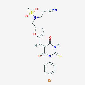 molecular formula C20H17BrN4O5S2 B297652 N-[[5-[(E)-[1-(4-bromophenyl)-4,6-dioxo-2-sulfanylidene-1,3-diazinan-5-ylidene]methyl]furan-2-yl]methyl]-N-(2-cyanoethyl)methanesulfonamide 