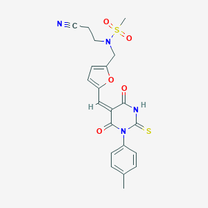 molecular formula C21H20N4O5S2 B297654 N-(2-cyanoethyl)-N-[(5-{(E)-[1-(4-methylphenyl)-4,6-dioxo-2-thioxotetrahydropyrimidin-5(2H)-ylidene]methyl}furan-2-yl)methyl]methanesulfonamide 