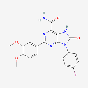 molecular formula C20H16FN5O4 B2976618 2-(3,4-dimethoxyphenyl)-9-(4-fluorophenyl)-8-oxo-8,9-dihydro-7H-purine-6-carboxamide CAS No. 869068-78-0