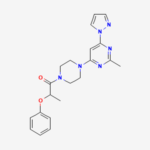molecular formula C21H24N6O2 B2976621 1-(4-(2-methyl-6-(1H-pyrazol-1-yl)pyrimidin-4-yl)piperazin-1-yl)-2-phenoxypropan-1-one CAS No. 1203044-65-8