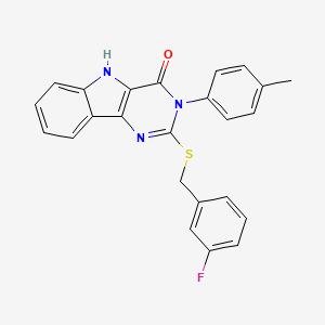 molecular formula C24H18FN3OS B2976633 2-{[(3-fluorophenyl)methyl]sulfanyl}-3-(4-methylphenyl)-3H,4H,5H-pyrimido[5,4-b]indol-4-one CAS No. 536704-99-1