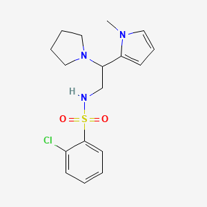 molecular formula C17H22ClN3O2S B2976634 2-chloro-N-(2-(1-methyl-1H-pyrrol-2-yl)-2-(pyrrolidin-1-yl)ethyl)benzenesulfonamide CAS No. 1049447-00-8