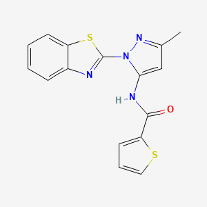 molecular formula C16H12N4OS2 B2976693 N-[2-(1,3-benzothiazol-2-yl)-5-methylpyrazol-3-yl]thiophene-2-carboxamide CAS No. 956353-94-9
