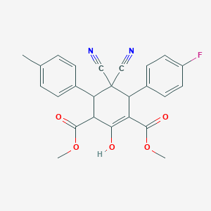 molecular formula C25H21FN2O5 B2976700 Dimethyl 5,5-dicyano-6-(4-fluorophenyl)-2-hydroxy-4-(4-methylphenyl)-1-cyclohexene-1,3-dicarboxylate CAS No. 1212132-35-8