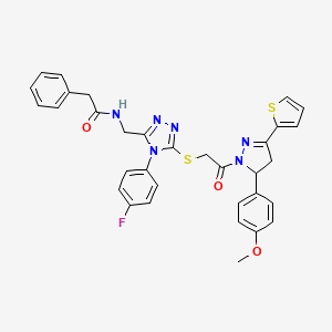 B2976704 N-[[4-(4-fluorophenyl)-5-[2-[3-(4-methoxyphenyl)-5-thiophen-2-yl-3,4-dihydropyrazol-2-yl]-2-oxoethyl]sulfanyl-1,2,4-triazol-3-yl]methyl]-2-phenylacetamide CAS No. 362505-63-3