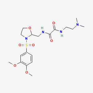 molecular formula C18H28N4O7S B2976871 N'-{[3-(3,4-dimethoxybenzenesulfonyl)-1,3-oxazolidin-2-yl]methyl}-N-[2-(dimethylamino)ethyl]ethanediamide CAS No. 868983-04-4