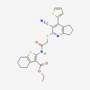 molecular formula C26H25N3O3S3 B2977024 ethyl 2-[(2-{[3-cyano-4-(2-thienyl)-6,7-dihydro-5H-cyclopenta[b]pyridin-2-yl]sulfanyl}acetyl)amino]-4,5,6,7-tetrahydro-1-benzothiophene-3-carboxylate CAS No. 625369-18-8
