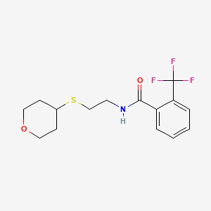 molecular formula C15H18F3NO2S B2977038 N-(2-((tetrahydro-2H-pyran-4-yl)thio)ethyl)-2-(trifluoromethyl)benzamide CAS No. 2034525-00-1