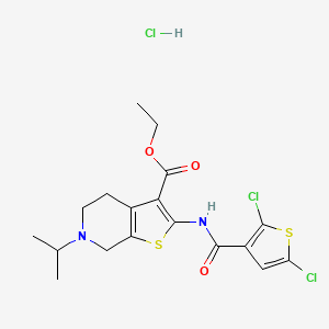 molecular formula C18H21Cl3N2O3S2 B2977344 Ethyl 2-(2,5-dichlorothiophene-3-carboxamido)-6-isopropyl-4,5,6,7-tetrahydrothieno[2,3-c]pyridine-3-carboxylate hydrochloride CAS No. 1329894-25-8
