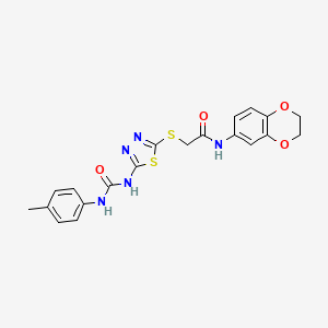 molecular formula C20H19N5O4S2 B2977402 N-(2,3-dihydro-1,4-benzodioxin-6-yl)-2-[(5-{[(4-methylphenyl)carbamoyl]amino}-1,3,4-thiadiazol-2-yl)sulfanyl]acetamide CAS No. 898461-57-9