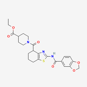 molecular formula C24H27N3O6S B2977420 Ethyl 1-(2-(benzo[d][1,3]dioxole-5-carboxamido)-4,5,6,7-tetrahydrobenzo[d]thiazole-4-carbonyl)piperidine-4-carboxylate CAS No. 955662-02-9