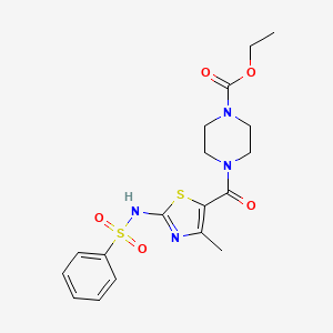 molecular formula C18H22N4O5S2 B2977586 ethyl 4-(2-benzenesulfonamido-4-methyl-1,3-thiazole-5-carbonyl)piperazine-1-carboxylate CAS No. 941967-02-8