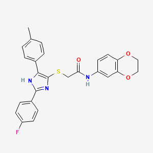 molecular formula C26H22FN3O3S B2977678 N-(2,3-dihydro-1,4-benzodioxin-6-yl)-2-{[2-(4-fluorophenyl)-5-(4-methylphenyl)-1H-imidazol-4-yl]sulfanyl}acetamide CAS No. 865657-64-3