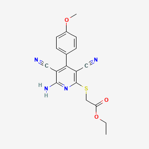 molecular formula C18H16N4O3S B2977712 ETHYL 2-{[6-AMINO-3,5-DICYANO-4-(4-METHOXYPHENYL)PYRIDIN-2-YL]SULFANYL}ACETATE CAS No. 361477-99-8