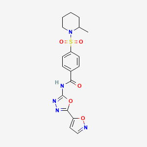 molecular formula C18H19N5O5S B2977843 N-(5-(isoxazol-5-yl)-1,3,4-oxadiazol-2-yl)-4-((2-methylpiperidin-1-yl)sulfonyl)benzamide CAS No. 946312-86-3