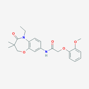molecular formula C22H26N2O5 B2977962 N-(5-ethyl-3,3-dimethyl-4-oxo-2,3,4,5-tetrahydro-1,5-benzoxazepin-8-yl)-2-(2-methoxyphenoxy)acetamide CAS No. 921868-94-2