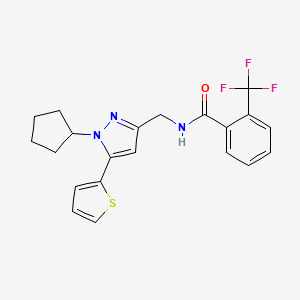 molecular formula C21H20F3N3OS B2977971 N-((1-cyclopentyl-5-(thiophen-2-yl)-1H-pyrazol-3-yl)methyl)-2-(trifluoromethyl)benzamide CAS No. 1421513-17-8
