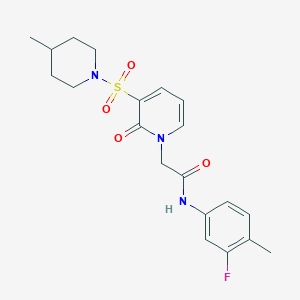 molecular formula C20H24FN3O4S B2978000 N-(3-fluoro-4-methylphenyl)-2-{3-[(4-methylpiperidin-1-yl)sulfonyl]-2-oxo-1,2-dihydropyridin-1-yl}acetamide CAS No. 1251568-81-6