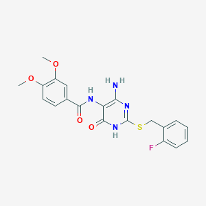 molecular formula C20H19FN4O4S B2978028 N-(4-amino-2-((2-fluorobenzyl)thio)-6-oxo-1,6-dihydropyrimidin-5-yl)-3,4-dimethoxybenzamide CAS No. 868228-24-4