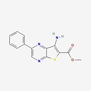 molecular formula C14H11N3O2S B2978408 Thieno[2,3-b]pyrazine-6-carboxylic acid, 7-amino-2-phenyl-, methylester CAS No. 208993-97-9