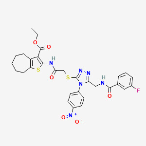 molecular formula C30H29FN6O6S2 B2978447 ethyl 2-(2-((5-((3-fluorobenzamido)methyl)-4-(4-nitrophenyl)-4H-1,2,4-triazol-3-yl)thio)acetamido)-5,6,7,8-tetrahydro-4H-cyclohepta[b]thiophene-3-carboxylate CAS No. 393806-88-7
