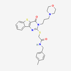 molecular formula C27H30N4O3S2 B2978497 N-[(4-methylphenyl)methyl]-2-({5-[3-(morpholin-4-yl)propyl]-6-oxo-8-thia-3,5-diazatricyclo[7.4.0.0^{2,7}]trideca-1(9),2(7),3,10,12-pentaen-4-yl}sulfanyl)acetamide CAS No. 866016-41-3