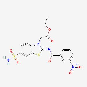 molecular formula C18H16N4O7S2 B2978679 ethyl 2-[(2Z)-2-[(3-nitrobenzoyl)imino]-6-sulfamoyl-2,3-dihydro-1,3-benzothiazol-3-yl]acetate CAS No. 887208-91-5