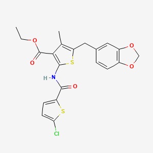 molecular formula C21H18ClNO5S2 B2978774 Ethyl 5-(benzo[d][1,3]dioxol-5-ylmethyl)-2-(5-chlorothiophene-2-carboxamido)-4-methylthiophene-3-carboxylate CAS No. 476365-87-4