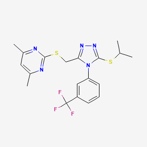 molecular formula C19H20F3N5S2 B2978925 4,6-Dimethyl-2-[[5-propan-2-ylsulfanyl-4-[3-(trifluoromethyl)phenyl]-1,2,4-triazol-3-yl]methylsulfanyl]pyrimidine CAS No. 868222-66-6