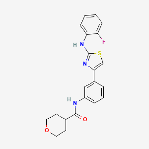 molecular formula C21H20FN3O2S B2978977 N-(3-(2-((2-fluorophenyl)amino)thiazol-4-yl)phenyl)tetrahydro-2H-pyran-4-carboxamide CAS No. 1797727-87-7