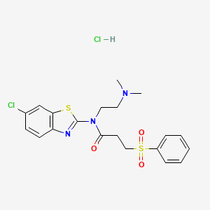 molecular formula C20H23Cl2N3O3S2 B2979068 N-(6-chlorobenzo[d]thiazol-2-yl)-N-(2-(dimethylamino)ethyl)-3-(phenylsulfonyl)propanamide hydrochloride CAS No. 1215627-79-4