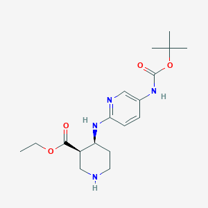 molecular formula C18H28N4O4 B2979276 Ethyl (3R,4S)-4-[[5-[(2-methylpropan-2-yl)oxycarbonylamino]pyridin-2-yl]amino]piperidine-3-carboxylate CAS No. 2375250-71-6