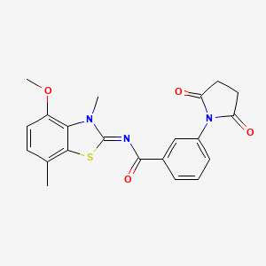 molecular formula C21H19N3O4S B2979388 3-(2,5-dioxopyrrolidin-1-yl)-N-[(2Z)-4-methoxy-3,7-dimethyl-2,3-dihydro-1,3-benzothiazol-2-ylidene]benzamide CAS No. 868369-93-1