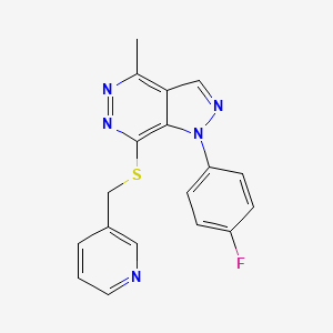 molecular formula C18H14FN5S B2979772 1-(4-fluorophenyl)-4-methyl-7-((pyridin-3-ylmethyl)thio)-1H-pyrazolo[3,4-d]pyridazine CAS No. 1172069-40-7