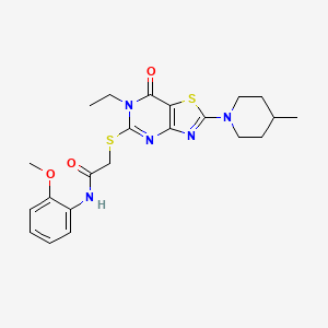 molecular formula C22H27N5O3S2 B2979906 2-{[6-ethyl-2-(4-methylpiperidin-1-yl)-7-oxo-6H,7H-[1,3]thiazolo[4,5-d]pyrimidin-5-yl]sulfanyl}-N-(2-methoxyphenyl)acetamide CAS No. 1207020-50-5