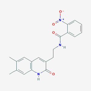 molecular formula C20H19N3O4 B2979932 N-[2-(6,7-dimethyl-2-oxo-1H-quinolin-3-yl)ethyl]-2-nitrobenzamide CAS No. 851096-40-7