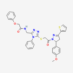 molecular formula C33H30N6O4S2 B2979943 N-{[5-({2-[5-(4-methoxyphenyl)-3-(thiophen-2-yl)-4,5-dihydro-1H-pyrazol-1-yl]-2-oxoethyl}sulfanyl)-4-phenyl-4H-1,2,4-triazol-3-yl]methyl}-2-phenoxyacetamide CAS No. 393585-01-8