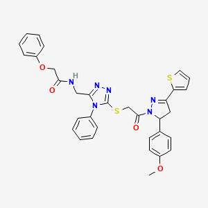 molecular formula C33H30N6O4S2 B2979943 N-[[5-[2-[3-(4-methoxyphenyl)-5-thiophen-2-yl-3,4-dihydropyrazol-2-yl]-2-oxoethyl]sulfanyl-4-phenyl-1,2,4-triazol-3-yl]methyl]-2-phenoxyacetamide CAS No. 393585-01-8