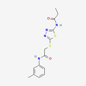 molecular formula C14H16N4O2S2 B2979971 N-(5-((2-oxo-2-(m-tolylamino)ethyl)thio)-1,3,4-thiadiazol-2-yl)propionamide CAS No. 392291-88-2