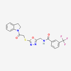 molecular formula C21H17F3N4O3S B2980028 N-((5-((2-(indolin-1-yl)-2-oxoethyl)thio)-1,3,4-oxadiazol-2-yl)methyl)-3-(trifluoromethyl)benzamide CAS No. 903269-58-9