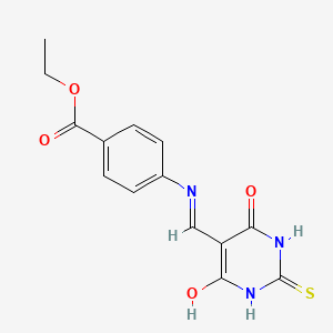 molecular formula C14H13N3O4S B2980057 ethyl 4-(((4,6-dioxo-2-thioxotetrahydropyrimidin-5(2H)-ylidene)methyl)amino)benzoate CAS No. 374602-24-1