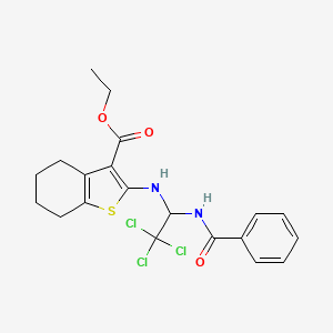 molecular formula C20H21Cl3N2O3S B2980094 Ethyl 2-((1-benzamido-2,2,2-trichloroethyl)amino)-4,5,6,7-tetrahydrobenzo[b]thiophene-3-carboxylate CAS No. 302821-23-4
